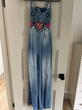 Judith March Light Blue Denim Floral Embroidered Overalls